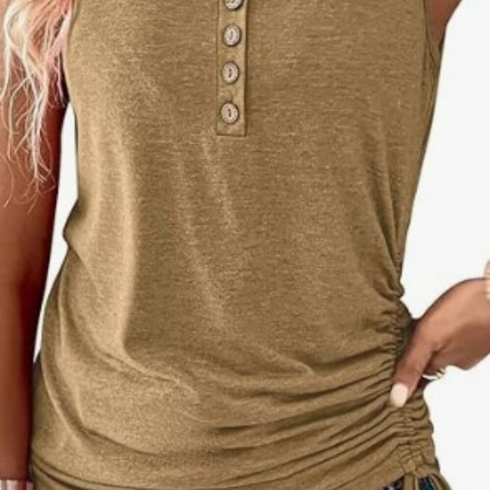 New in sealed bag. Dark khaki 4 Button Casual Henley Shirt tank top- SMALL